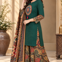 Women green   Embroidered Kurta Set with Palazzo Pants & Matching Dupatta – Traditional Festive Ethnic Wear