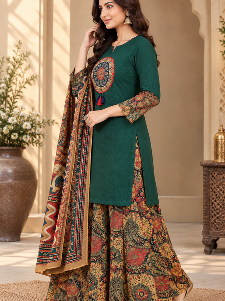 Women green   Embroidered Kurta Set with Palazzo Pants & Matching Dupatta – Traditional Festive Ethnic Wear