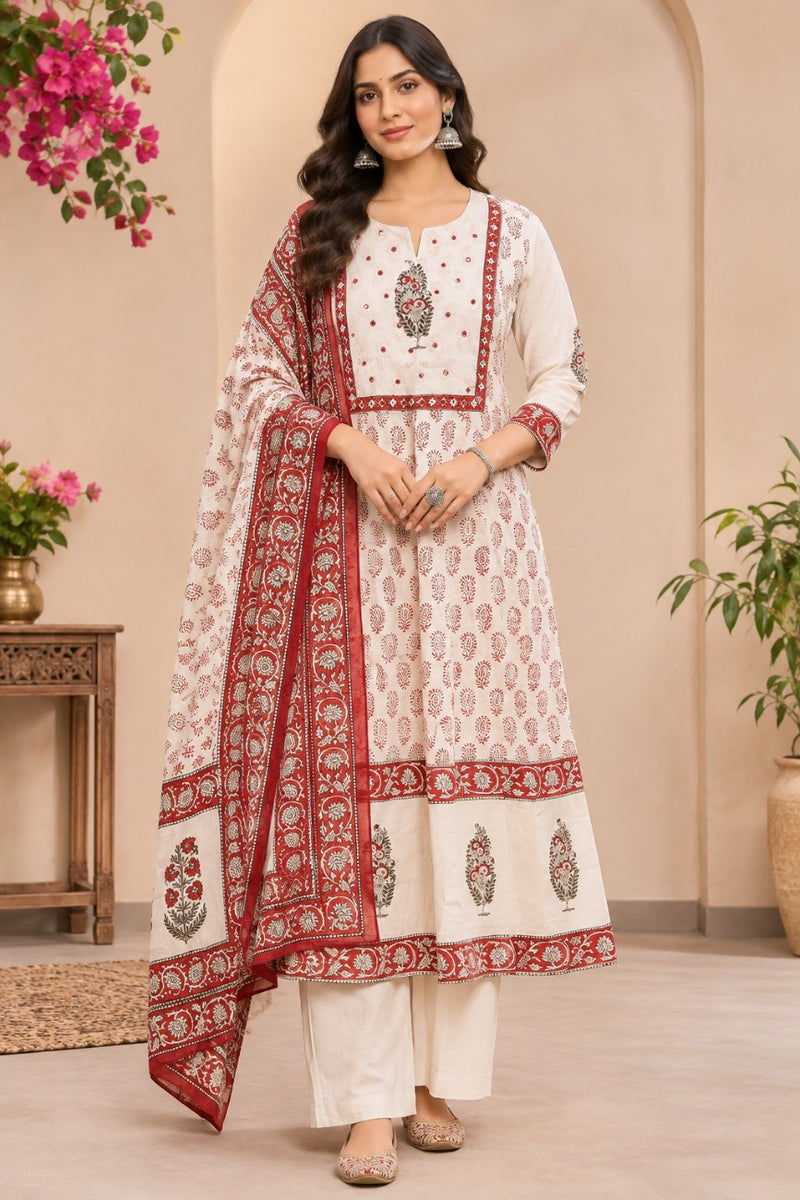Women Red   Embroidered Kurta Set with Palazzo  & Matching Dupatta – Traditional Festive Ethnic Wear