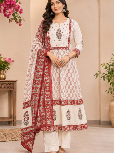 Women Red   Embroidered Kurta Set with Palazzo  & Matching Dupatta – Traditional Festive Ethnic Wear