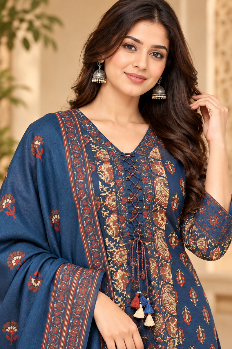 Women’s Blue  Embroidered Kurta Set with Palazzo Pants & Matching Dupatta – Traditional Festive Ethnic Wear