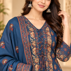 Women’s Blue  Embroidered Kurta Set with Palazzo Pants & Matching Dupatta – Traditional Festive Ethnic Wear