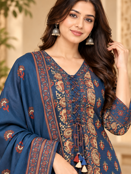 Women’s Blue  Embroidered Kurta Set with Palazzo Pants & Matching Dupatta – Traditional Festive Ethnic Wear