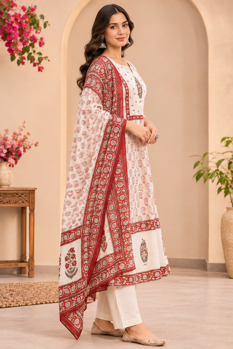 Women Red   Embroidered Kurta Set with Palazzo  & Matching Dupatta – Traditional Festive Ethnic Wear