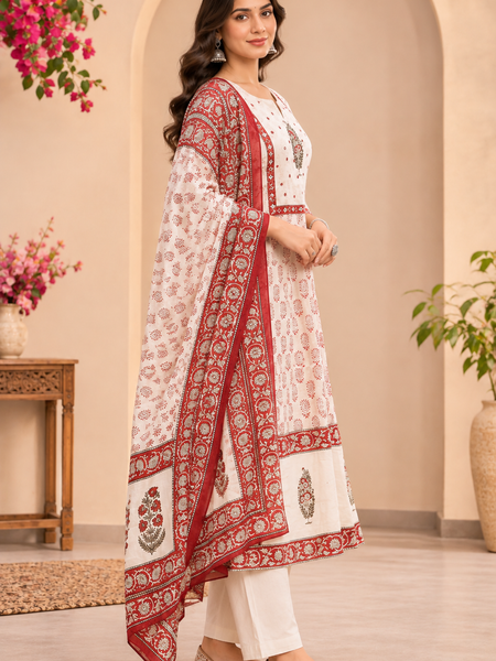 Women Red   Embroidered Kurta Set with Palazzo  & Matching Dupatta – Traditional Festive Ethnic Wear