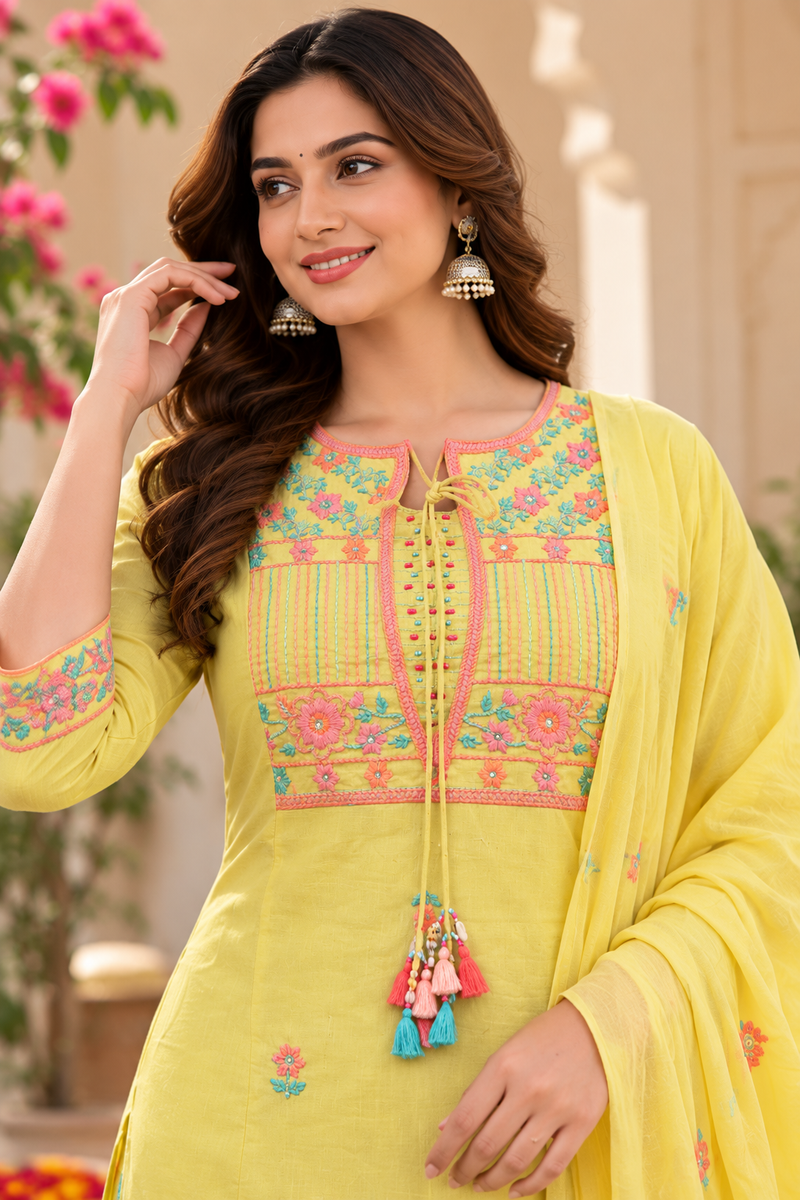 Women’s Yellow   Embroidered Kurta Set with  Pants & Matching Dupatta – Traditional Festive Ethnic Wear