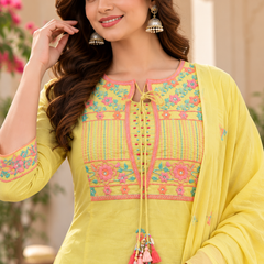 Women’s Yellow   Embroidered Kurta Set with  Pants & Matching Dupatta – Traditional Festive Ethnic Wear