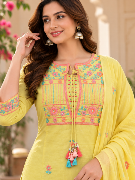 Women’s Yellow   Embroidered Kurta Set with  Pants & Matching Dupatta – Traditional Festive Ethnic Wear