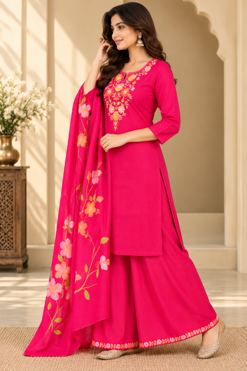 Women’s  Pink   Embroidered Kurta Set with Palazzo Pants & Matching Dupatta – Traditional Festive Ethnic Wear