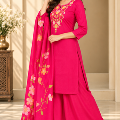 Women’s  Pink   Embroidered Kurta Set with Palazzo Pants & Matching Dupatta – Traditional Festive Ethnic Wear