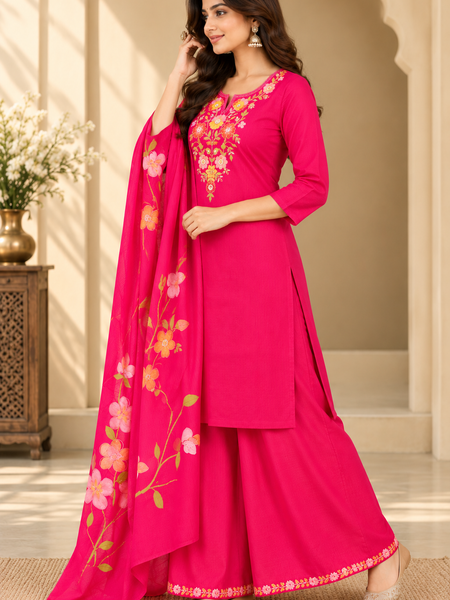 Women’s  Pink   Embroidered Kurta Set with Palazzo Pants & Matching Dupatta – Traditional Festive Ethnic Wear