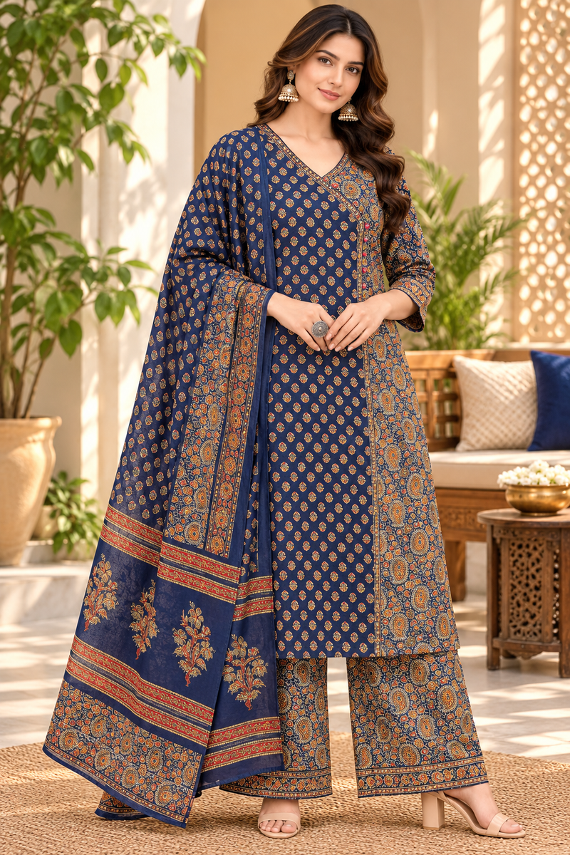 Women’s Blue  Embroidered Kurta Set with Palazzo Pants & Matching Dupatta – Traditional Festive Ethnic Wear
