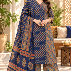 Women’s Blue  Embroidered Kurta Set with Palazzo Pants & Matching Dupatta – Traditional Festive Ethnic Wear