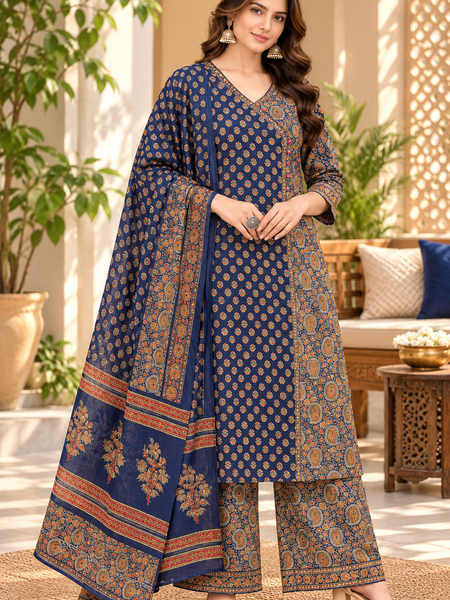 Women’s Blue  Embroidered Kurta Set with Palazzo Pants & Matching Dupatta – Traditional Festive Ethnic Wear