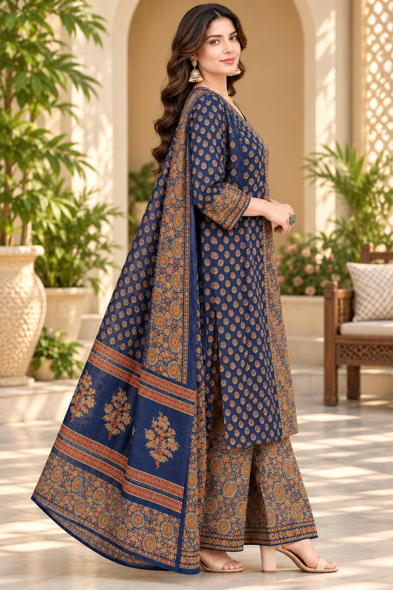 Women’s Blue  Embroidered Kurta Set with Palazzo Pants & Matching Dupatta – Traditional Festive Ethnic Wear