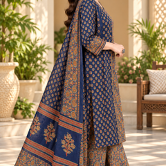 Women’s Blue  Embroidered Kurta Set with Palazzo Pants & Matching Dupatta – Traditional Festive Ethnic Wear