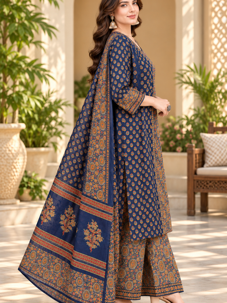 Women’s Blue  Embroidered Kurta Set with Palazzo Pants & Matching Dupatta – Traditional Festive Ethnic Wear