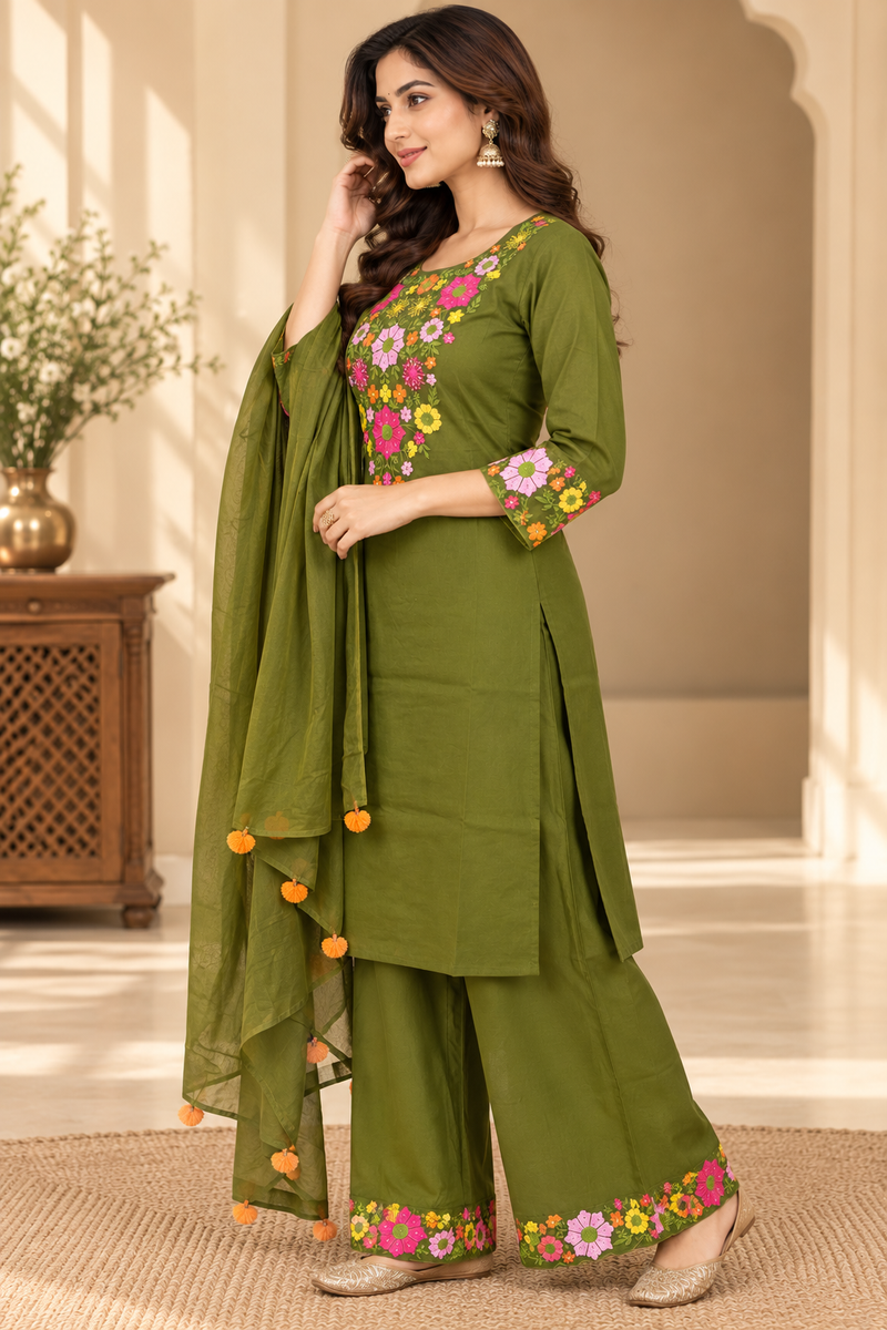 Women’s Turquoise blue    Embroidered Kurta Set with Palazzo Pants & Matching Dupatta – Traditional Festive Ethnic Wear