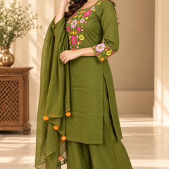 Women’s Turquoise blue    Embroidered Kurta Set with Palazzo Pants & Matching Dupatta – Traditional Festive Ethnic Wear