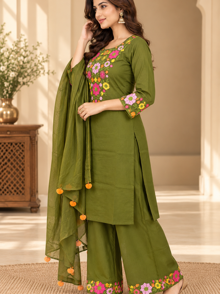 Women’s Turquoise blue    Embroidered Kurta Set with Palazzo Pants & Matching Dupatta – Traditional Festive Ethnic Wear