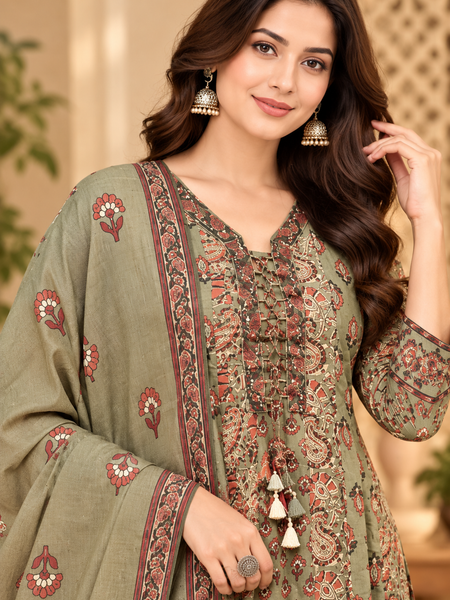 Women’s Green printed  Kurta Set with Palazzo Pants & Matching Dupatta – Traditional Festive Ethnic Wear