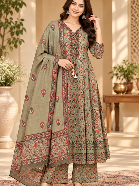 Women’s Green printed  Kurta Set with Palazzo Pants & Matching Dupatta – Traditional Festive Ethnic Wear