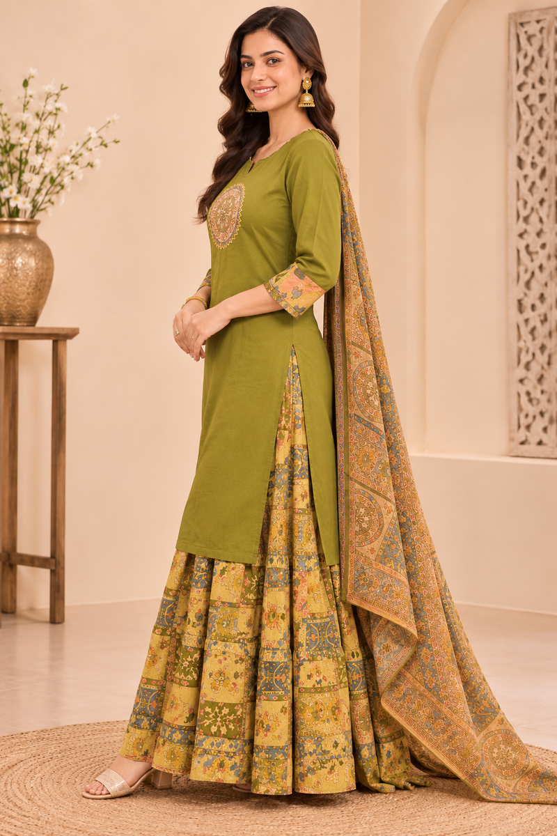 Women light green    Embroidered Kurta Set with Palazzo  & Matching Dupatta – Traditional Festive Ethnic Wear