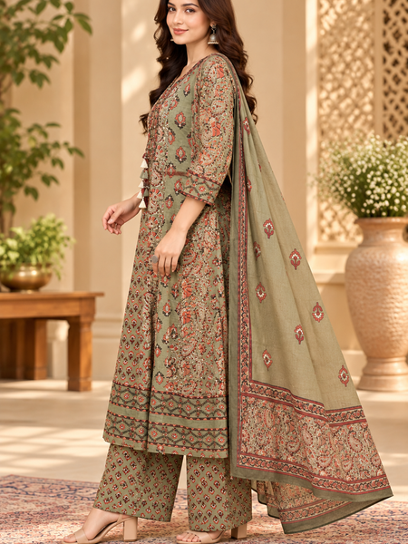 Women’s Green printed  Kurta Set with Palazzo Pants & Matching Dupatta – Traditional Festive Ethnic Wear