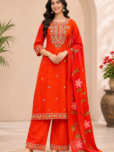 Women orange   Embroidered Kurta Set with Palazzo  & Matching Dupatta – Traditional Festive Ethnic Wear