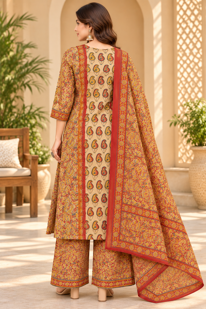 Women’s Beige   Embroidered Kurta Set with Palazzo Pants & Matching Dupatta – Traditional Festive Ethnic Wear