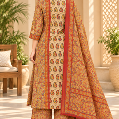 Women’s Beige   Embroidered Kurta Set with Palazzo Pants & Matching Dupatta – Traditional Festive Ethnic Wear