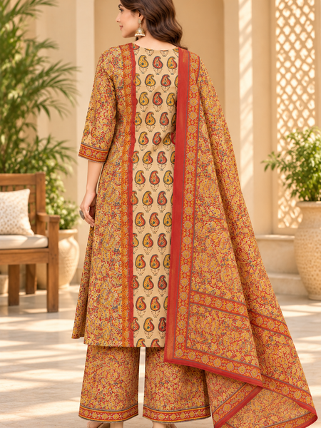 Women’s Beige   Embroidered Kurta Set with Palazzo Pants & Matching Dupatta – Traditional Festive Ethnic Wear