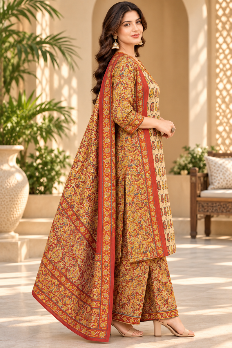 Women’s Beige   Embroidered Kurta Set with Palazzo Pants & Matching Dupatta – Traditional Festive Ethnic Wear
