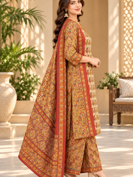 Women’s Beige   Embroidered Kurta Set with Palazzo Pants & Matching Dupatta – Traditional Festive Ethnic Wear