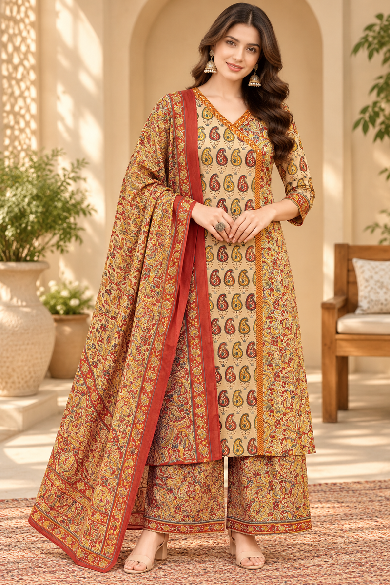 Women’s Beige   Embroidered Kurta Set with Palazzo Pants & Matching Dupatta – Traditional Festive Ethnic Wear