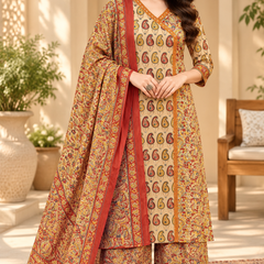 Women’s Beige   Embroidered Kurta Set with Palazzo Pants & Matching Dupatta – Traditional Festive Ethnic Wear