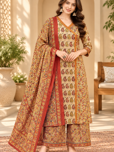 Women’s Beige   Embroidered Kurta Set with Palazzo Pants & Matching Dupatta – Traditional Festive Ethnic Wear