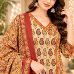 Women’s Beige   Embroidered Kurta Set with Palazzo Pants & Matching Dupatta – Traditional Festive Ethnic Wear