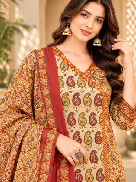 Women’s Beige   Embroidered Kurta Set with Palazzo Pants & Matching Dupatta – Traditional Festive Ethnic Wear