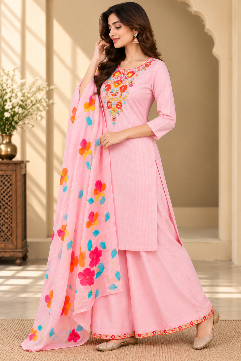 Women’s  pink Embroidered Kurta Set with Palazzo Pants & Matching Dupatta – Traditional Festive Ethnic Wear