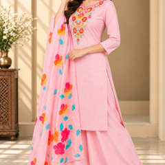 Women’s  pink Embroidered Kurta Set with Palazzo Pants & Matching Dupatta – Traditional Festive Ethnic Wear