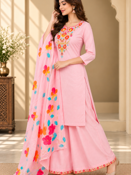 Women’s  pink Embroidered Kurta Set with Palazzo Pants & Matching Dupatta – Traditional Festive Ethnic Wear
