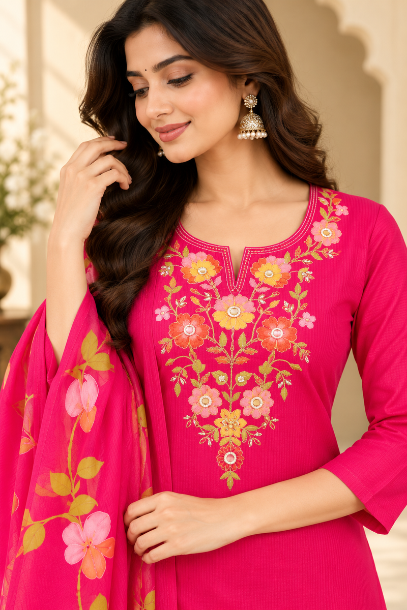 Women’s  Pink   Embroidered Kurta Set with Palazzo Pants & Matching Dupatta – Traditional Festive Ethnic Wear