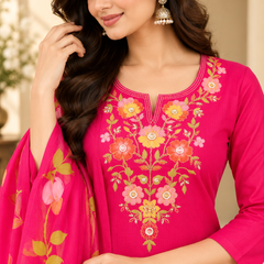 Women’s  Pink   Embroidered Kurta Set with Palazzo Pants & Matching Dupatta – Traditional Festive Ethnic Wear