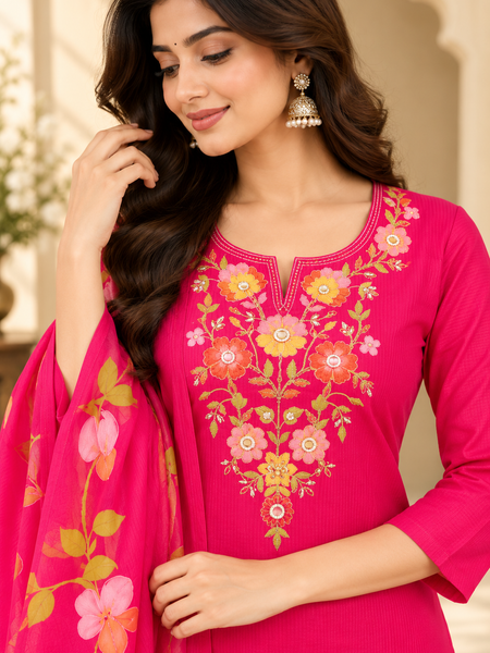Women’s  Pink   Embroidered Kurta Set with Palazzo Pants & Matching Dupatta – Traditional Festive Ethnic Wear