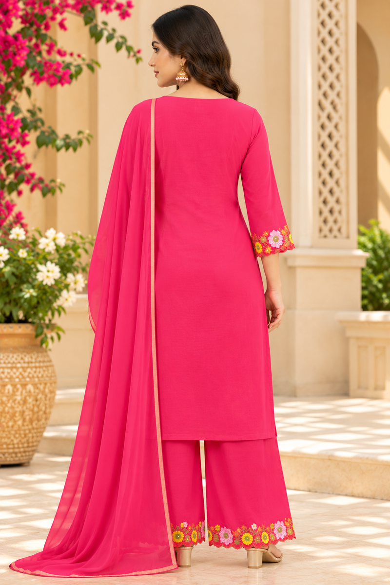 Women’s Pink   Embroidered Kurta Set with Palazzo Pants & Matching Dupatta – Traditional Festive Ethnic Wear