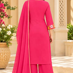 Women’s Pink   Embroidered Kurta Set with Palazzo Pants & Matching Dupatta – Traditional Festive Ethnic Wear