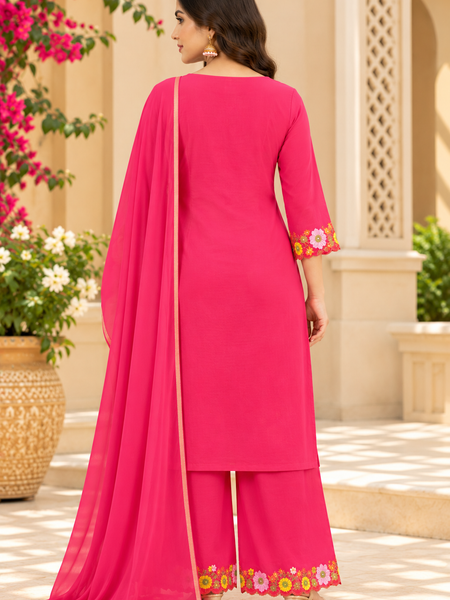 Women’s Pink   Embroidered Kurta Set with Palazzo Pants & Matching Dupatta – Traditional Festive Ethnic Wear