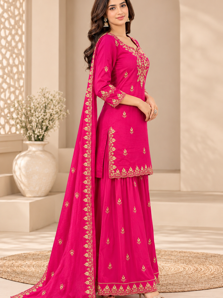Women Ethnic Motifs Embroidered Regular Kurta with Sharara & With Dupatta