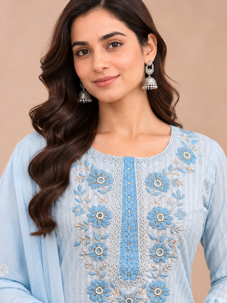 Women sky blue   Embroidered Kurta Set with Palazzo  & Matching Dupatta – Traditional Festive Ethnic Wear